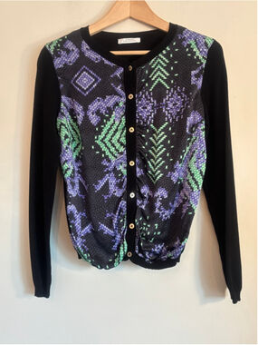 Versace Collection Black Knit Printed Silk Panel Long Sleeve Cardigan Size 12